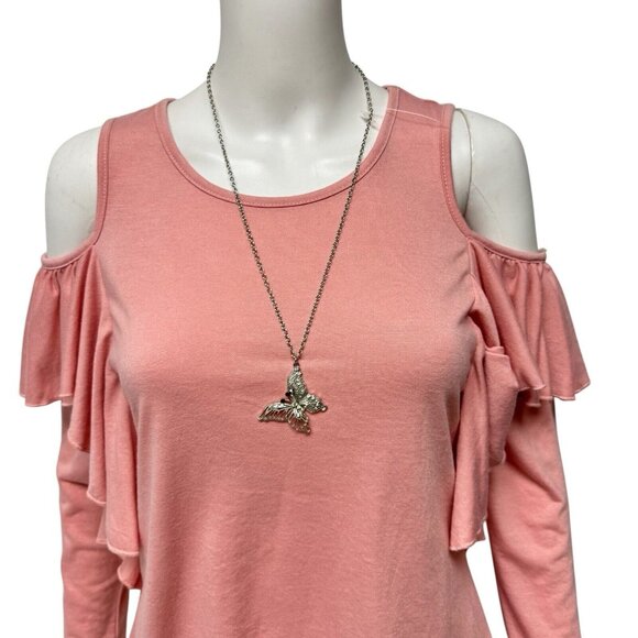 Arizona Junior open shoulder top long sleeve pink with necklace size XL (16) - Picture 3 of 11